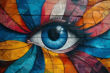 Fototapeta premium Street art graffiti wall art mural featuring a detailed eye, depicted in a mosaic of richly colored geometric shapes