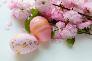 Easter card design. bouquet of tulips and Easter eggs