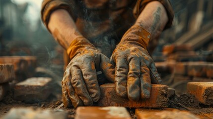 Close-Up of Worker's Hands with Protective Gloves Placing Bricks on Construction Site, Detail of Manual Labor and Building Work