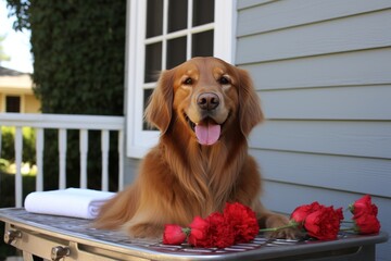 The golden retrievers warm, inviting eyes express deep trust and comfort. The vibrant colors and...