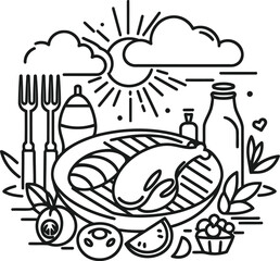 barbecue in continuous line drawing minimalist style, food illustration.