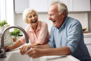 Caucasian married senior mature couple washing dishes in the kitchen