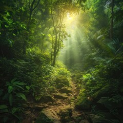 Fototapeta na wymiar Mystical misty panorama of a lush forest with various lush trees, a stunning atmosphere complete with sunlight spotlights in the middle of the forest. Generative Ai