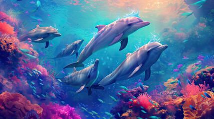 Group Of Dolphins In Colorful Underwater Environment. 
