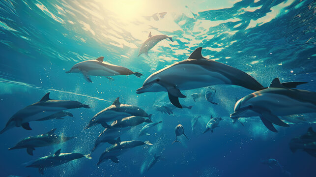 Group Of Dolphins In Colorful Underwater Environment. © Art by Afaq