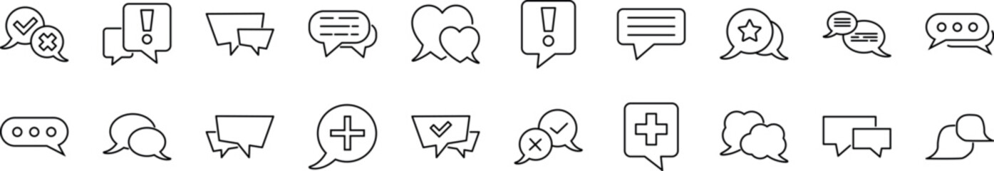 Collection of thin signs of speech bubbles. Editable stroke. Simple linear illustration for stores, shops, banners, design