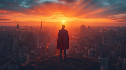 superhero businessman looking at city. Created with Generative AI.