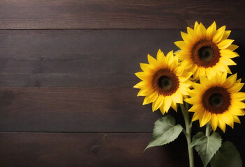 Three sunflowers with bright yellow petals and dark brown centers on a dark wood background generative AI