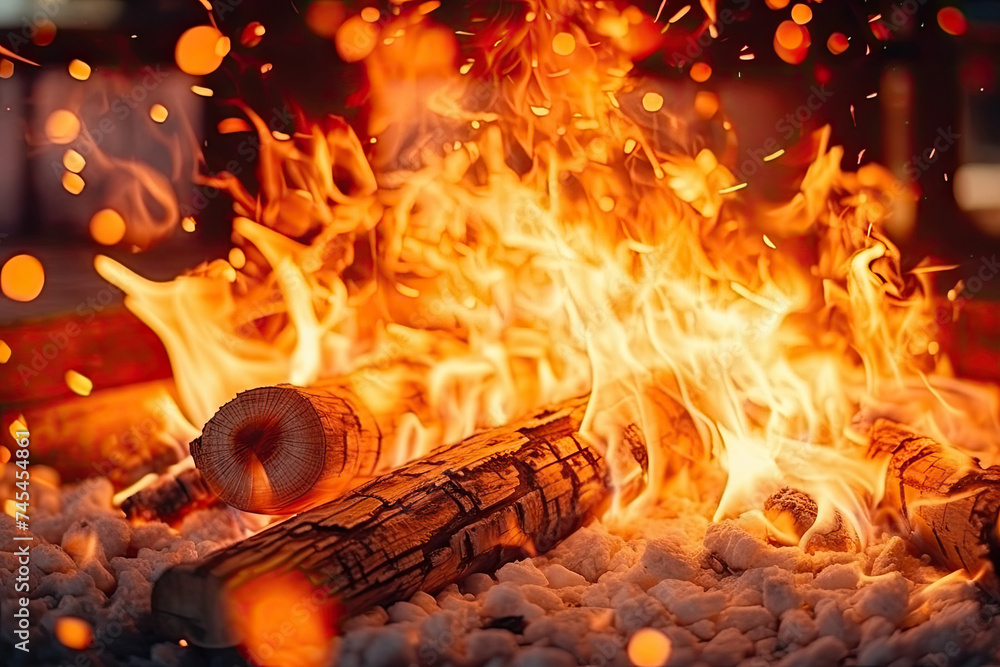 Aufkleber close up of a roaring fire engulfed in flames, surrounded by a plethora of stacked firewood logs, cr