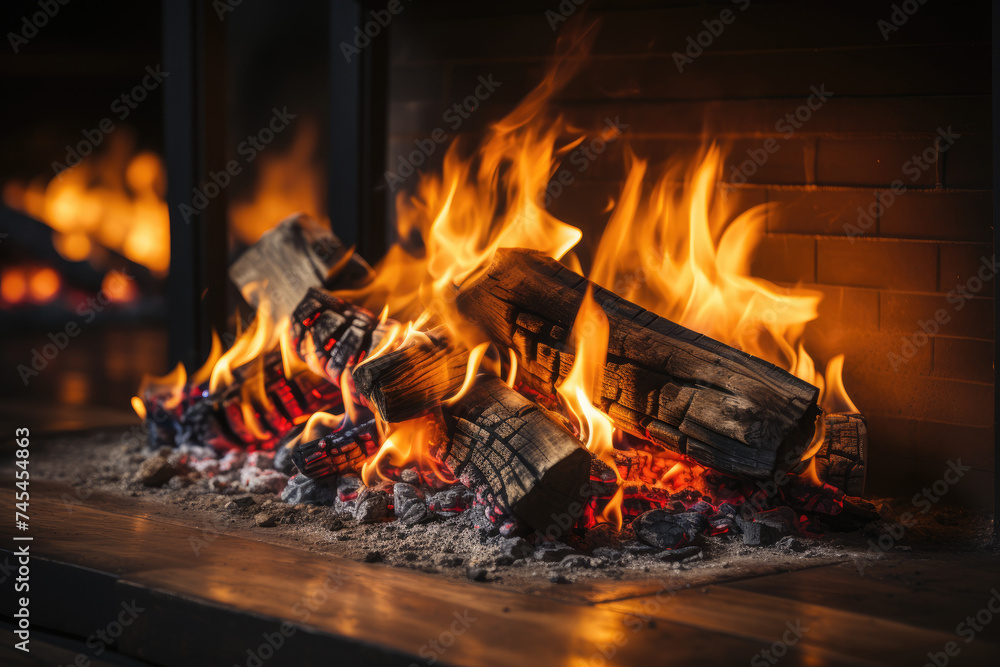 Poster Bright flames flicker and dance in a cozy fireplace, casting a warm glow and creating a mesmerizing display of light and shadow