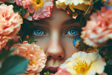 Mesmerizing Eyes Peering Through a Vibrant Bouquet of Spring Flowers