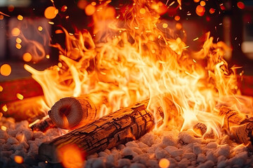 Close up of a roaring fire engulfed in flames, surrounded by a plethora of stacked firewood logs, creating a warm and inviting atmosphere