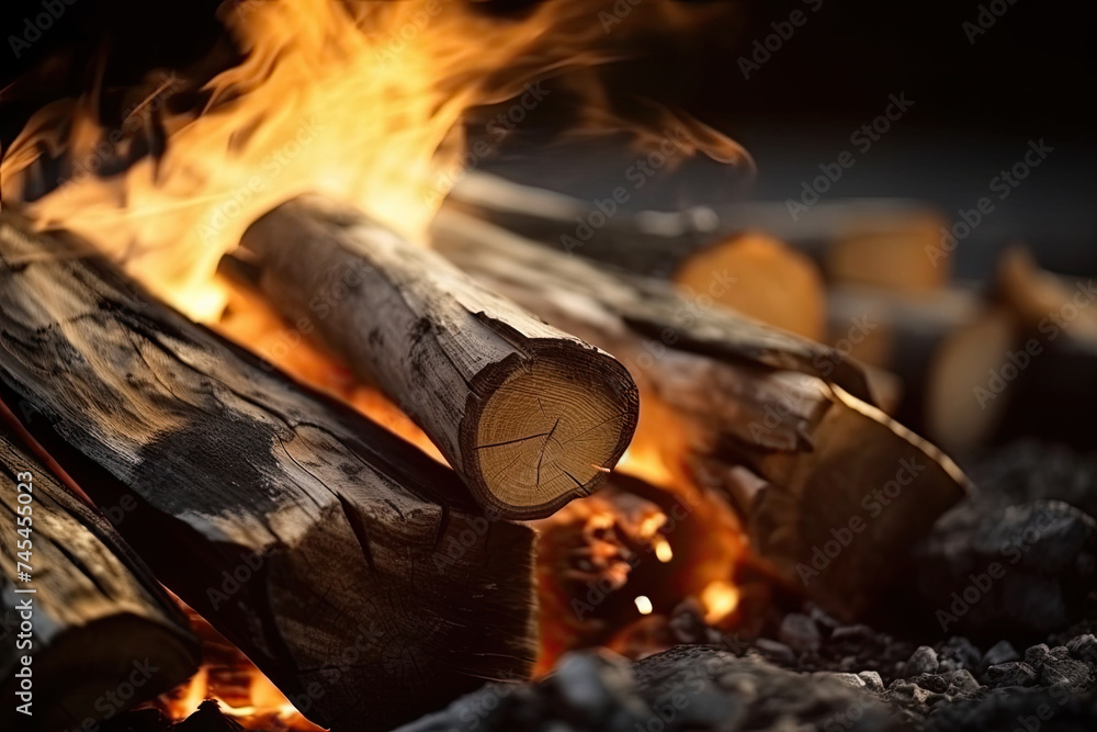 Poster a mesmerizing close-up of a crackling fire, with logs glowing in the background