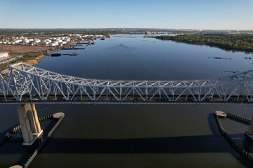 Aerial view of traffic crossing the Outerbridge Crossing over the Arthur Kill separating Perth...