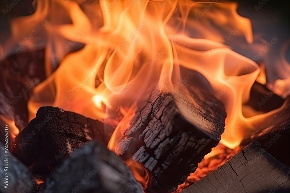 Poster intense flames flicker and sway gracefully, casting a warm glow in a fireplace