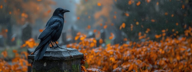 crow in the cemetery. Created with generative AI. - obrazy, fototapety, plakaty