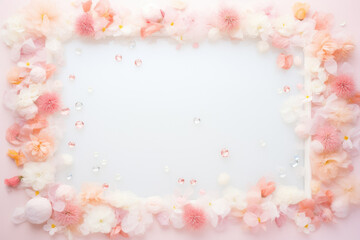 A square frame holds an arrangement of delicate pink and white flowers, creating a whimsical and enchanting display