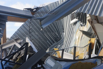 Collapsed house on a cold wintry day.