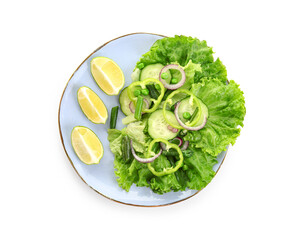 Plate of tasty vegetable salad on white background