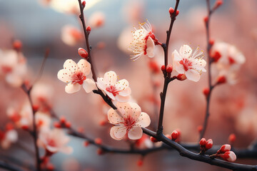 A branch adorned with delicate white and red blossoms, creating a stunning contrast against a backdrop of lush green leaves