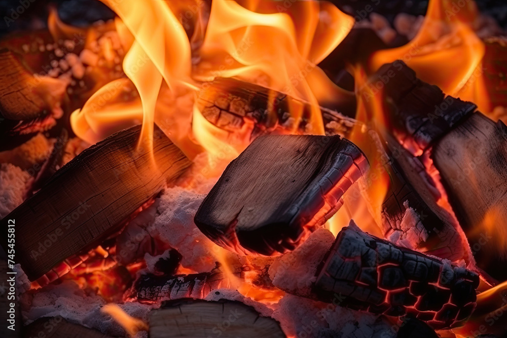 Poster an intense close-up of a roaring fire with numerous flames licking the air, creating a mesmerizing d