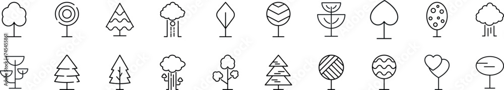 Poster collection of thin line icons of trees. editable stroke. simple linear illustration for web sites, n