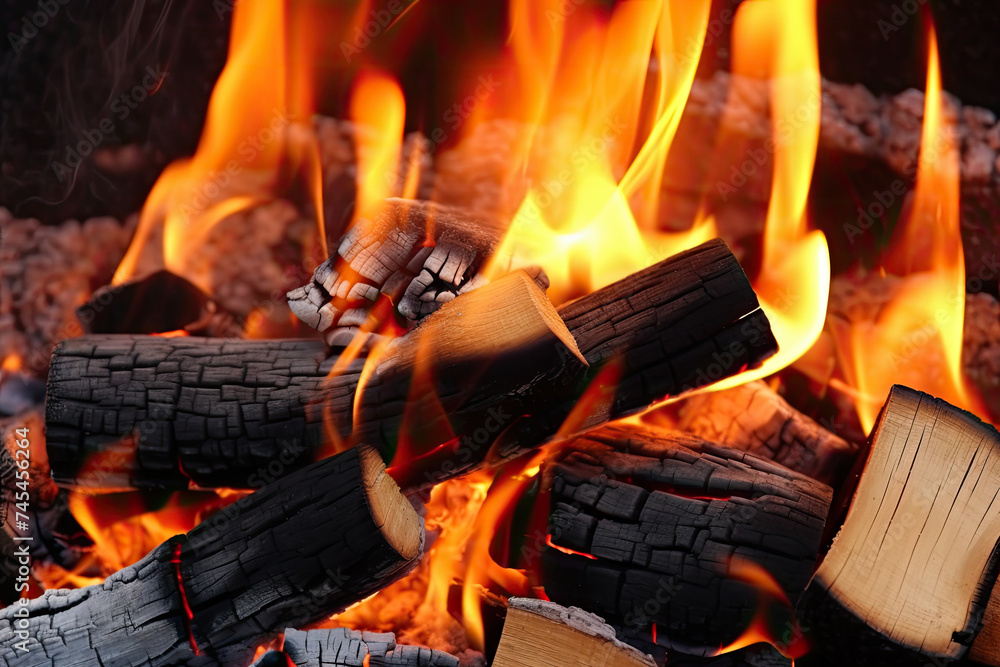 Poster a mesmerizing close-up view of a fire burning brightly in a fireplace, casting a warm and flickering