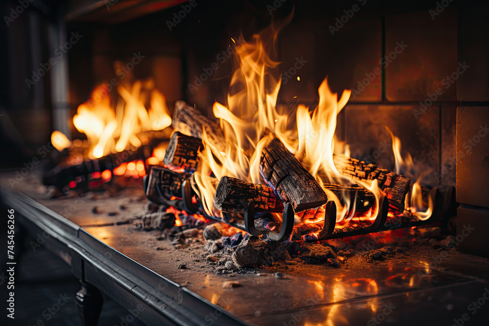 Poster a mesmerizing display of vibrant flames flickering and dancing in a roaring fireplace, casting a war
