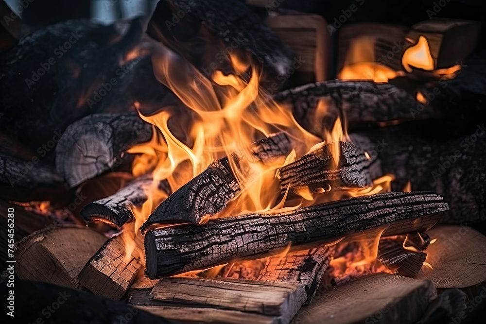 Poster An intimate view of vibrant flames flickering in a fireplace, casting a warm glow and creating a soothing atmosphere