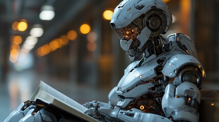 Fototapeta premium A robot walks down a wet street. Created with Generative AI.