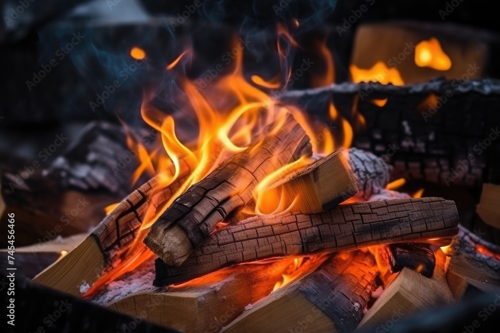 Poster a mesmerizing close-up view of a vibrant fire blazing in a fire pit, with orange and yellow flames d