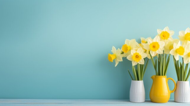 Yellow flowers on a blue background with copy space. banner. Daffodils Narcissus vibrant flowers
