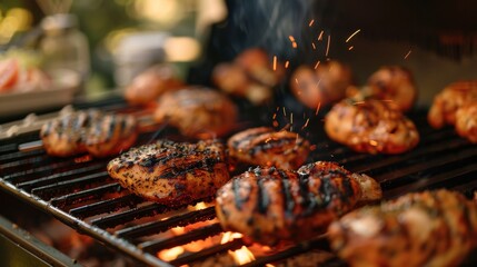 pieces of chicken are cooked on the grill