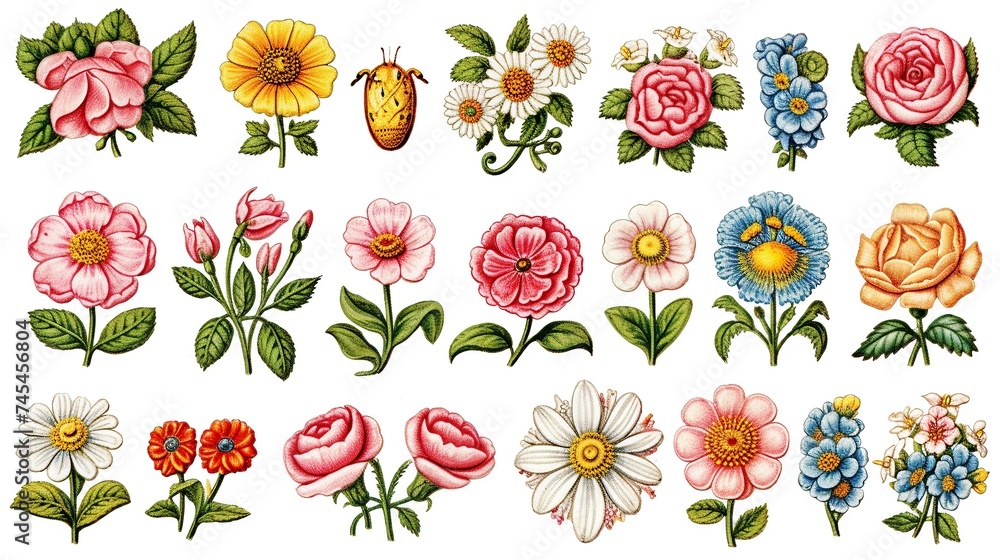 Poster a variety of colorful flowers, each with unique shapes and sizes, are scattered across a clean white