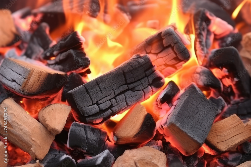 Aufkleber Close up of vibrant flames flickering and dancing around logs in a mesmerizing display of warmth and light