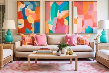 Coastal Bliss: Abstract Art Wall Inspirations and Rattan Furniture in Vibrant Colors