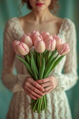 A graceful woman stands holding a beautiful bouquet of pink tulips, the vibrant colors contrasting with her soft expression