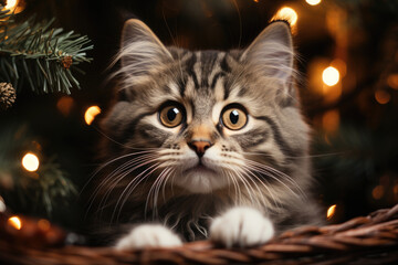 A fluffy cat with twinkling eyes sits serenely in front of a glowing Christmas tree adorned with sparkling ornaments and strings of lights