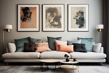 Serene Vibes: Abstract Art Wall Inspirations with Plush Sofa and Elegant Frames
