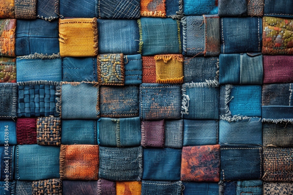 Poster a close-up view of a unique patchwork wall made entirely of repurposed denim jeans, showcasing intri