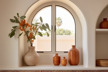 Moroccan Tile Bathroom Apartments: Arch Windows and Terracotta Vase Decor Delight
