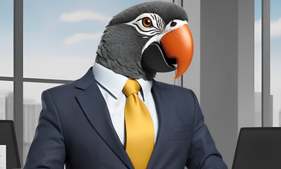 Parrot business portrait dressed as a manager or ceo in a formal office business suit with glasses and tie