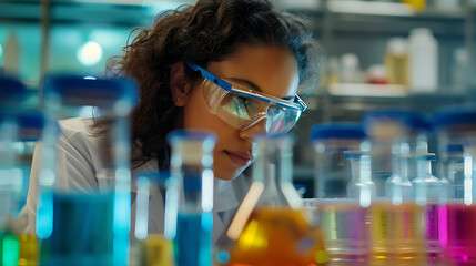 Um close de uma cientista trabalhando no microscópio e equipamentos de laboratório ao fundo