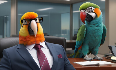 Parrot business portrait dressed as a manager or ceo in a formal office business suit with glasses and tie