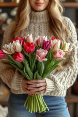 A captivating woman delicately holding a vibrant bouquet of tulips in her hands, showcasing the beauty of nature and the joy of spring