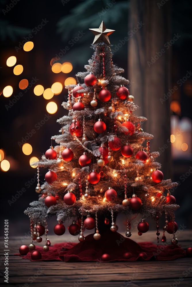 Poster A small Christmas tree decorated with red and white ornaments, creating a whimsical and joyful holiday atmosphere