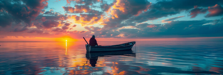 Solitary fisherman on a calm lake at sunset. - obrazy, fototapety, plakaty