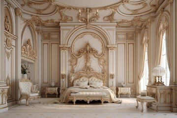 Obraz premium Regal Baroque Bedroom Design: Pearl Inlaid Furniture, Curved Lines & Luxurious Colors