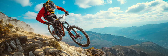 Mountain biker navigating a steep descent on a rocky mountain path.