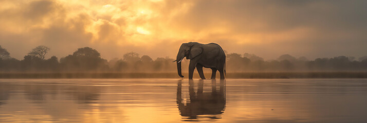 Elephant wading through a reflective water body at sunrise with a dramatic sky overhead.